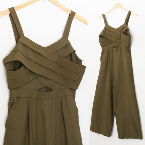 Moon River Olive Green Jumpsuit M Pleated Crisscross Cutout Wide Leg Pockets - Picture 5 of 16